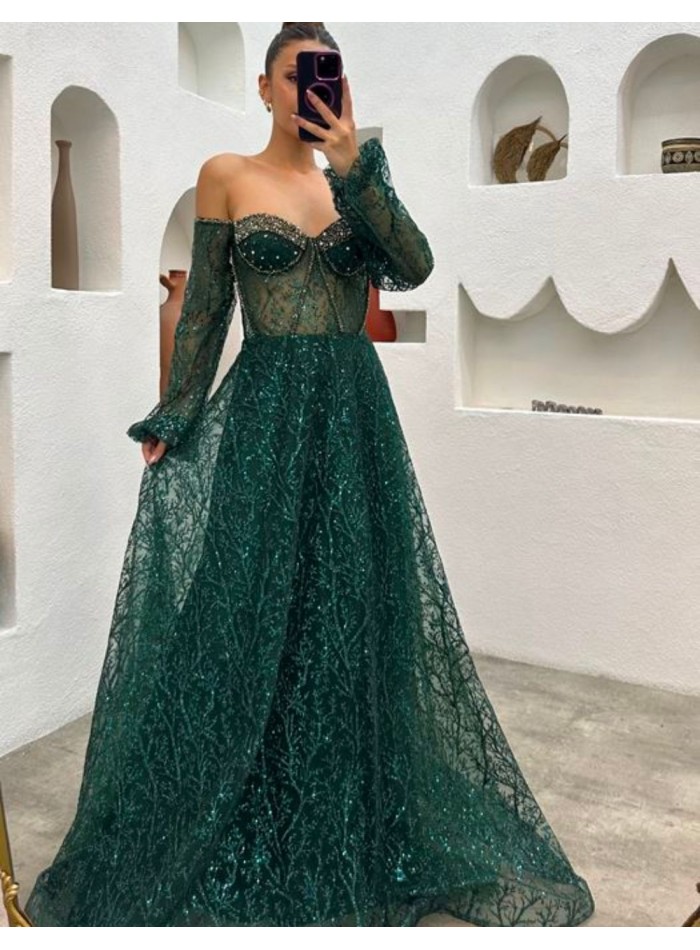 Robe longue de fête en tulle brodé brillant avec manches ballon