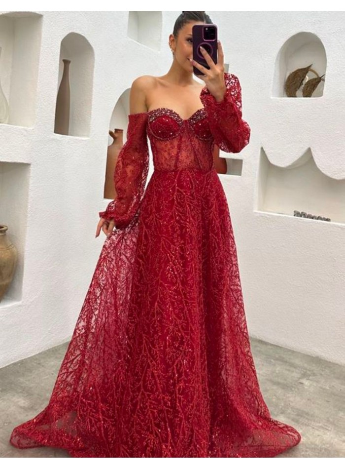 Robe longue de fête en tulle brodé brillant avec manches ballon