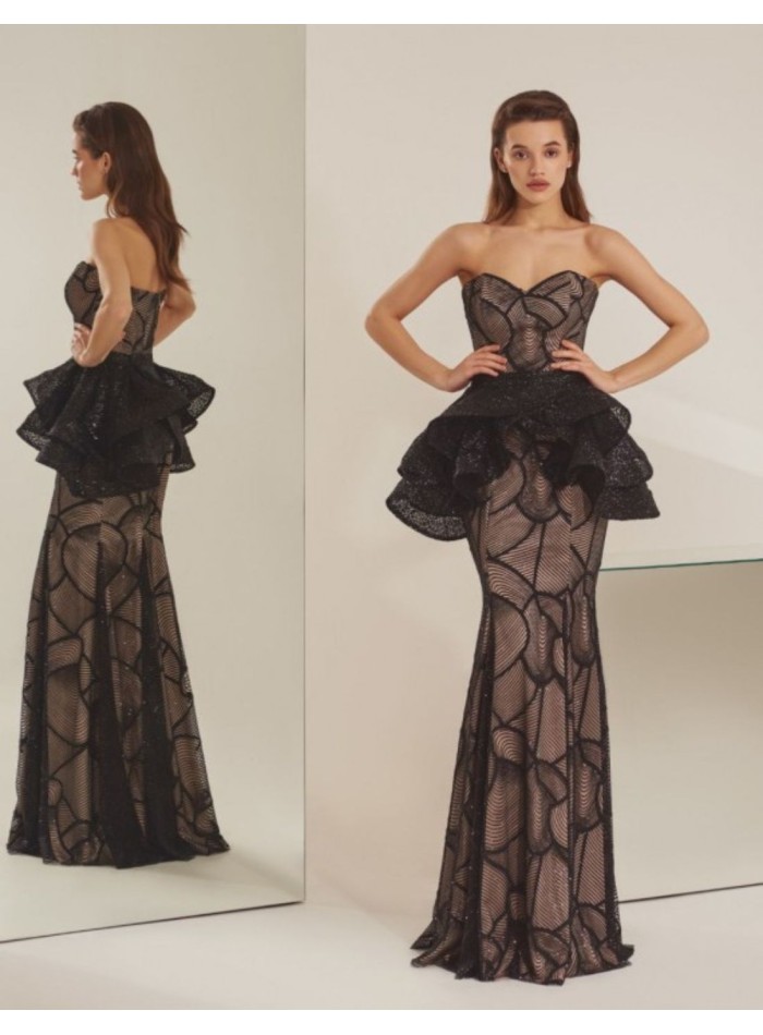 Robe longue de fête en dentelle noire avec surjupe