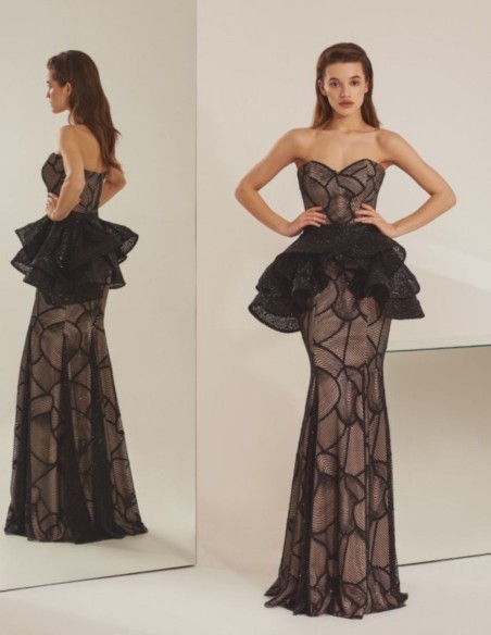 Robe longue de fête en dentelle noire avec surjupe