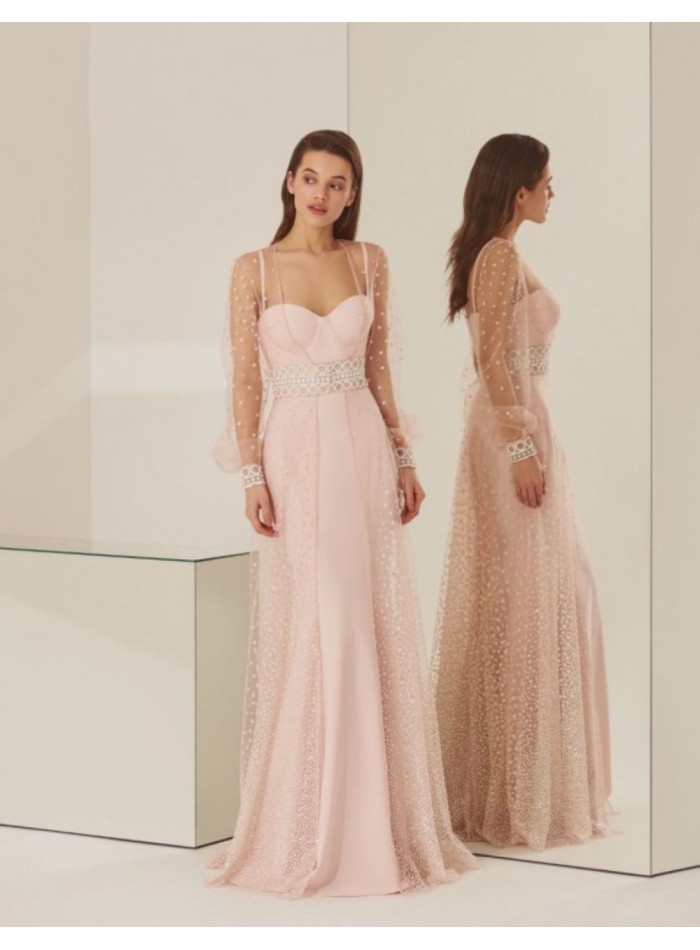 Robe longue de fête rose poudré avec encolure cache-coeur