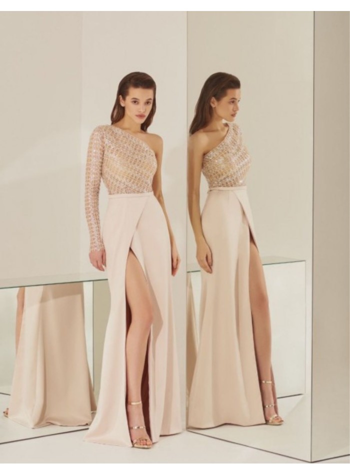 Asymmetric long party dress with side slit
