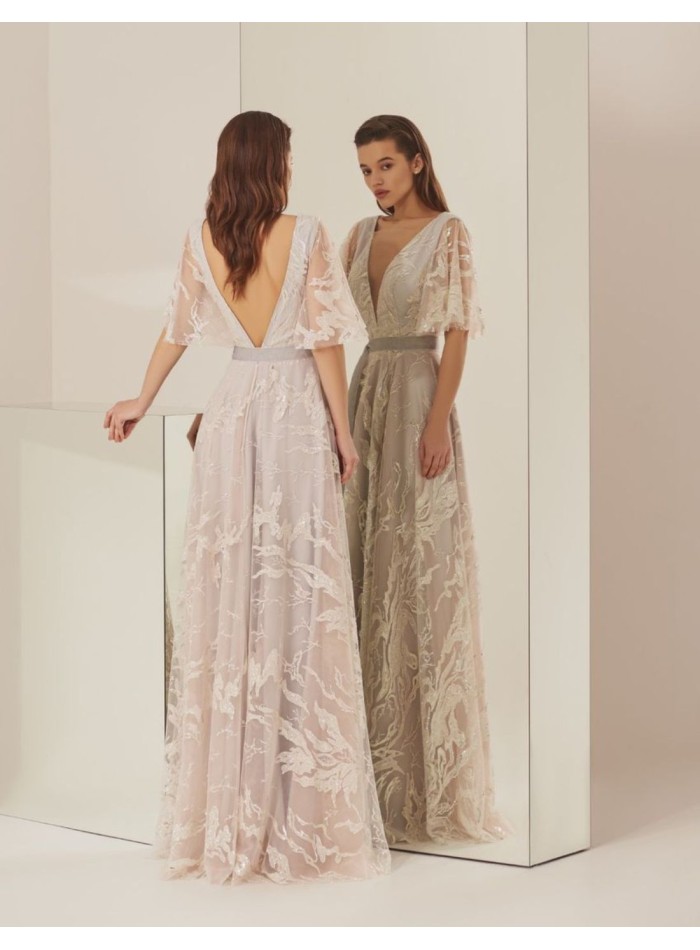Long party dress with floral glitter lace