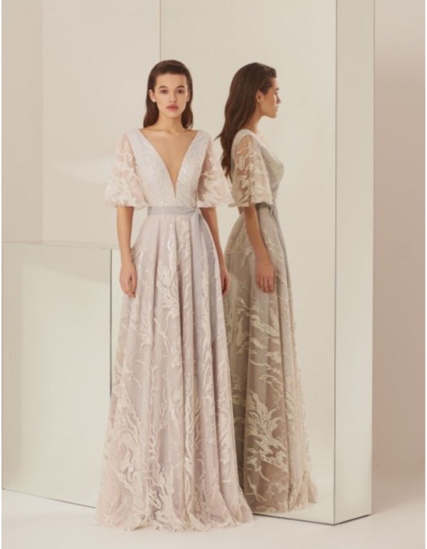 Long party dress with floral glitter lace