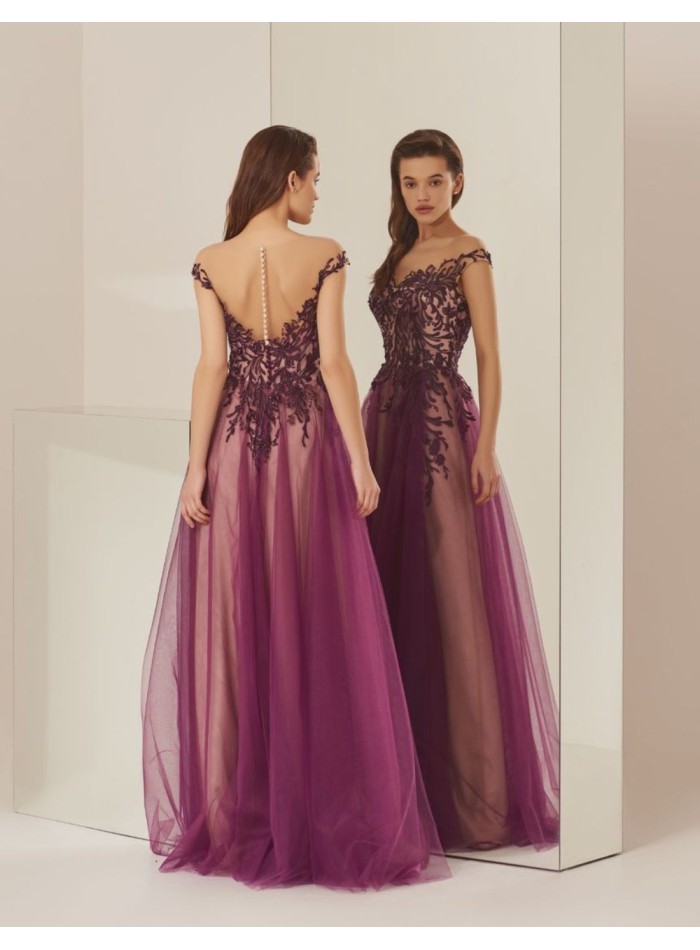Aubergine long party dress with tulle layers