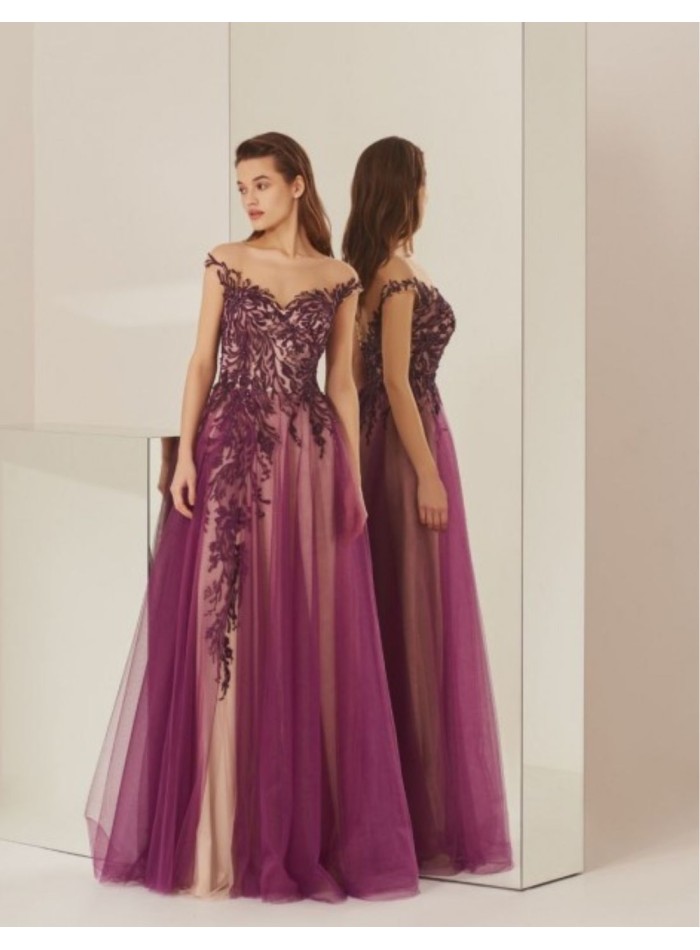 Aubergine long party dress with tulle layers