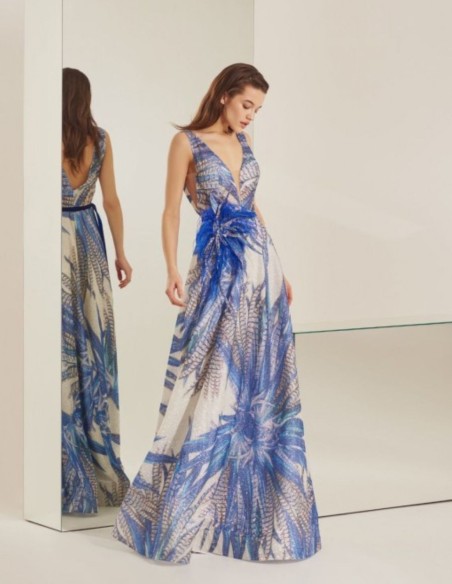 Robe longue de fête imprimé tropical robe bleue à sequins