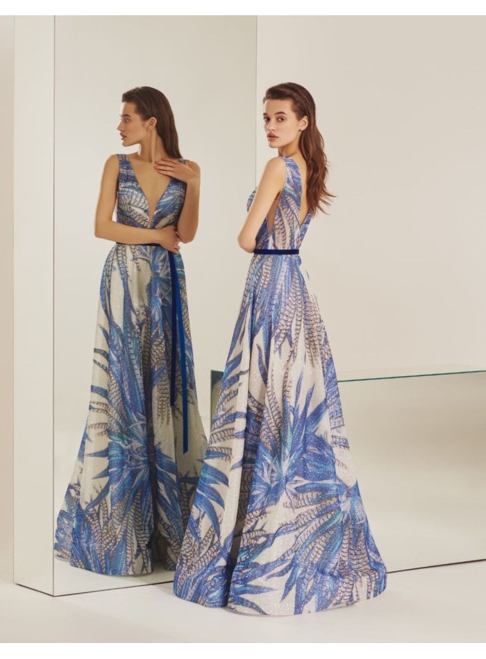 Robe longue de fête imprimé tropical robe bleue à sequins