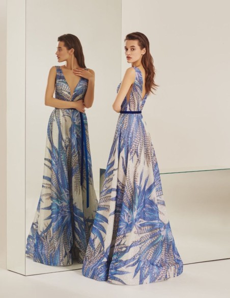 Vestido largo de fiesta estampado tropical azul de lentejuelas
