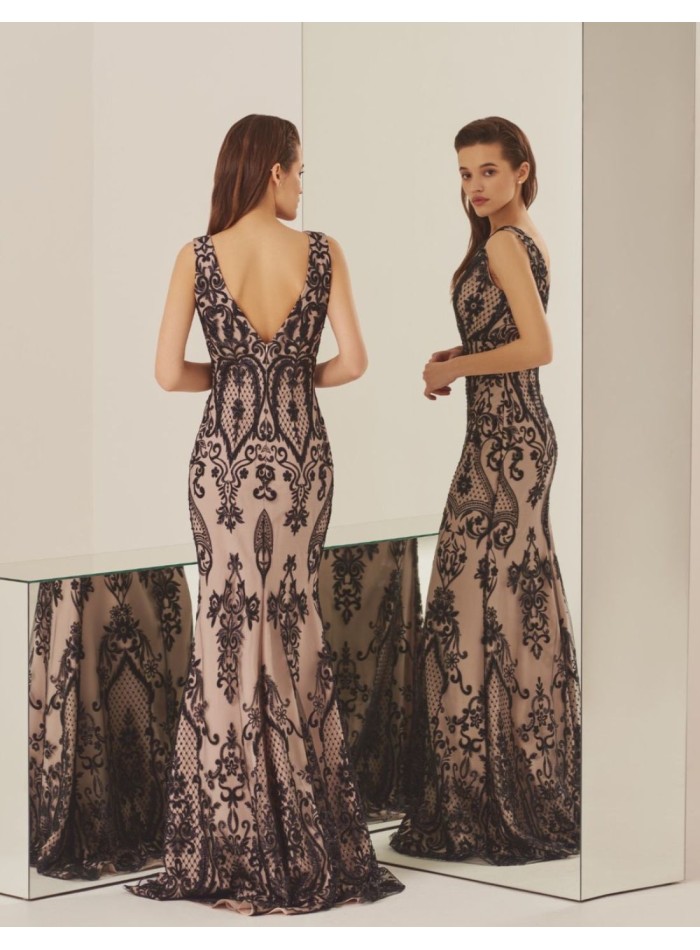 Robe longue de fête imprimée en dentelle noire