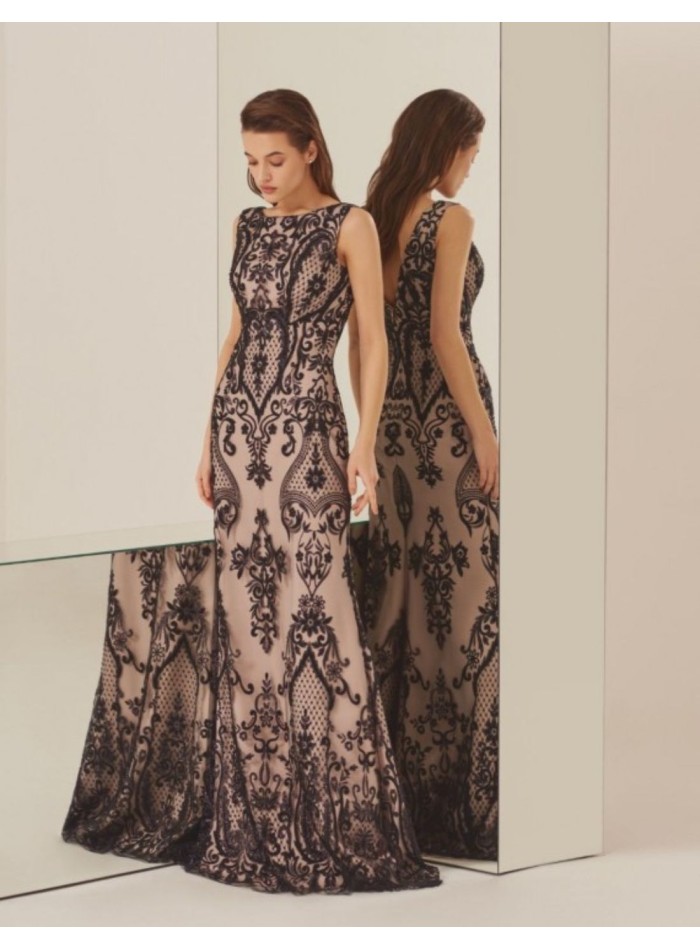 Robe longue de fête imprimée en dentelle noire