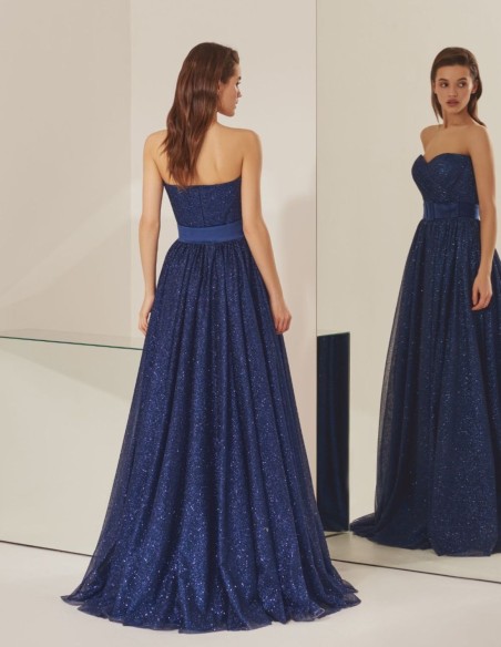Robe longue de soirée bleue sans bretelles avec paillettes