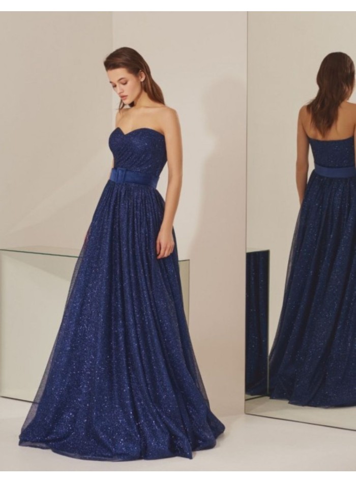 Robe longue de soirée bleue sans bretelles avec paillettes