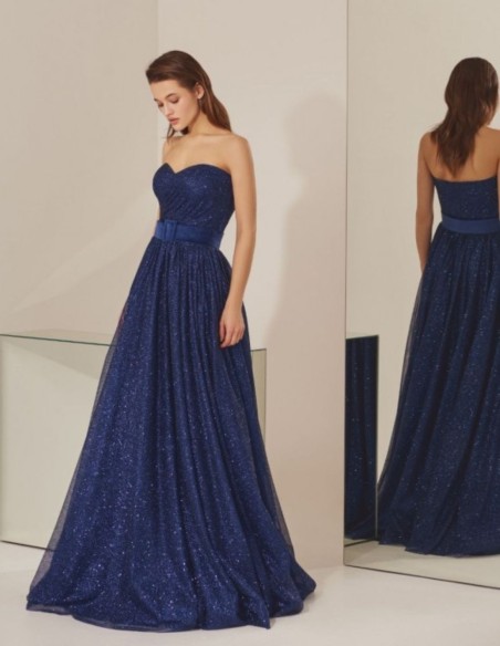 Vestido de fiesta largo palabra de honor azul noche con brillo