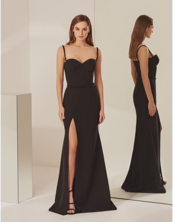 Long black evening dress with shoulder straps and side slit 2