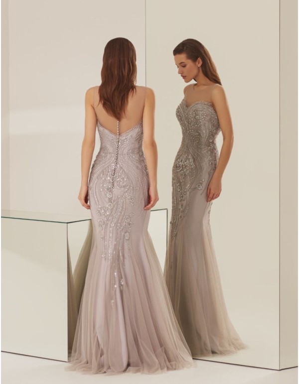 Long silver party dress with tulle and rhinestones 2