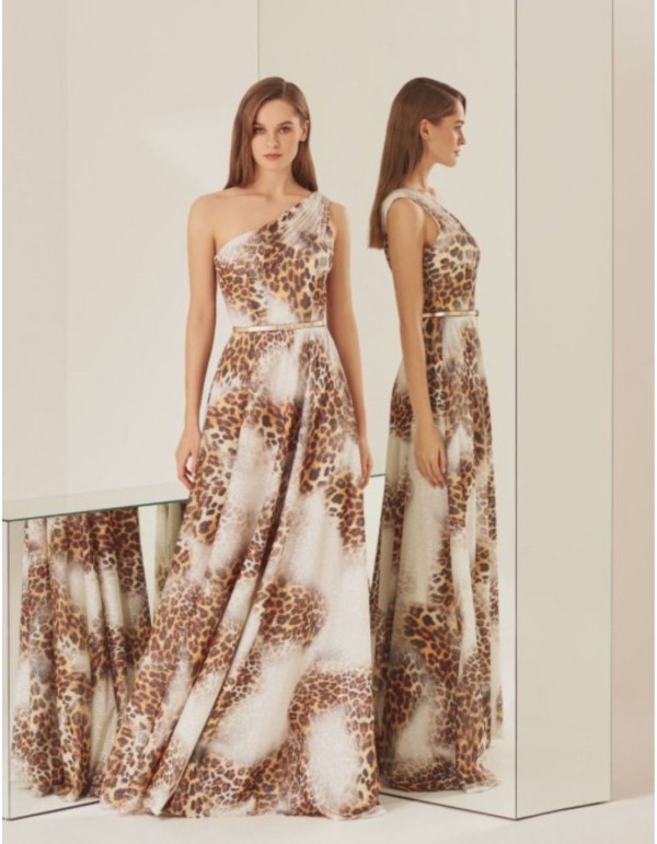 Long animal print party dress with asymmetrical neckline