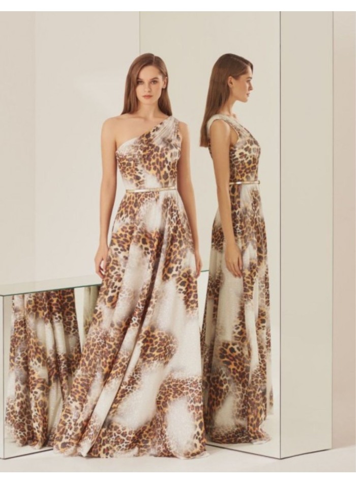 Robe longue de fête à imprimé animalier avec encolure asymétrique