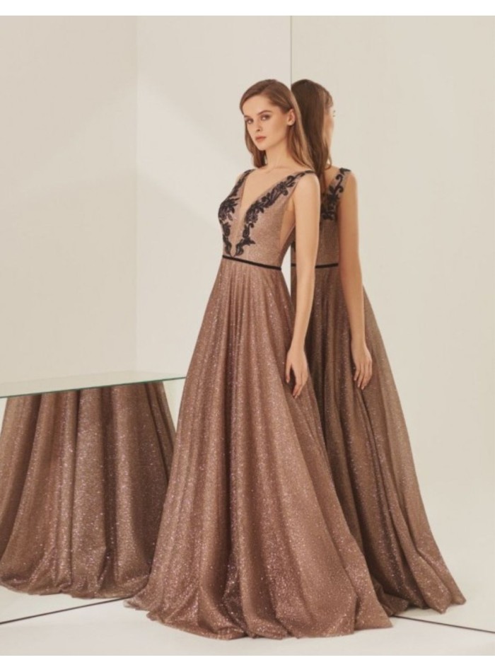 Long bronze party dress with black lace on the neckline