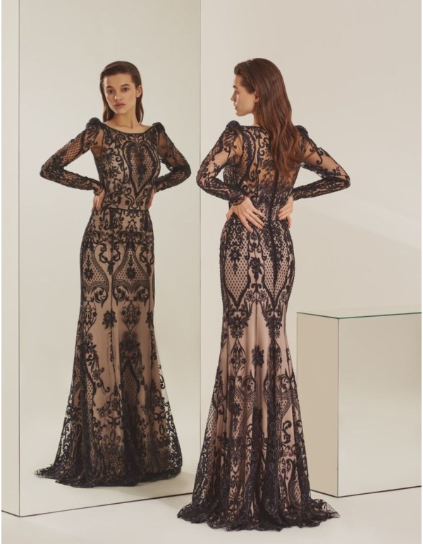 Robe longue de soirée, coupe sirène, avec dentelle noire 2