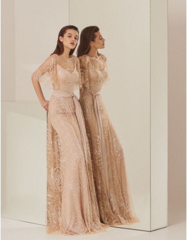 Nude long party dress with sequins and belt
