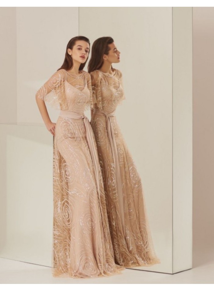 Robe longue de soirée nude avec sequins et Ceinture