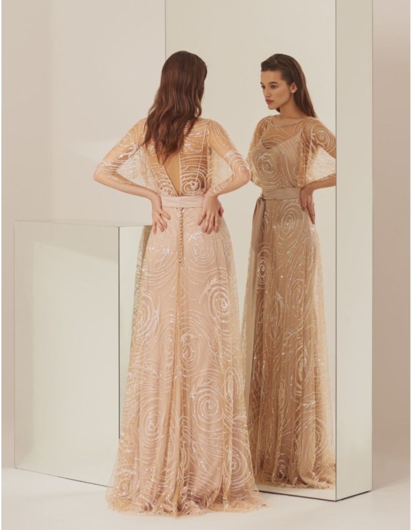Nude long party dress with sequins and belt 2