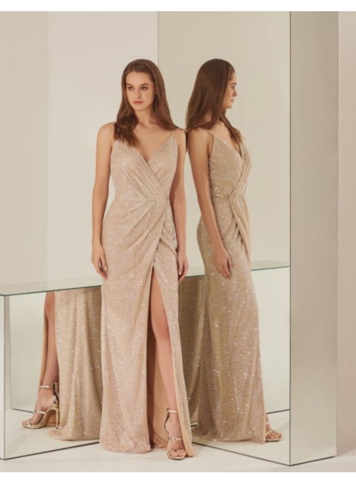 Gold party dress long cross over dress with slit