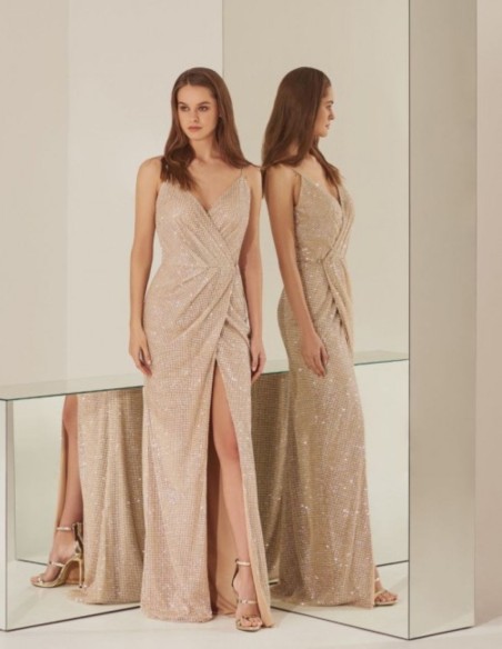 Gold party dress long cross over dress with slit