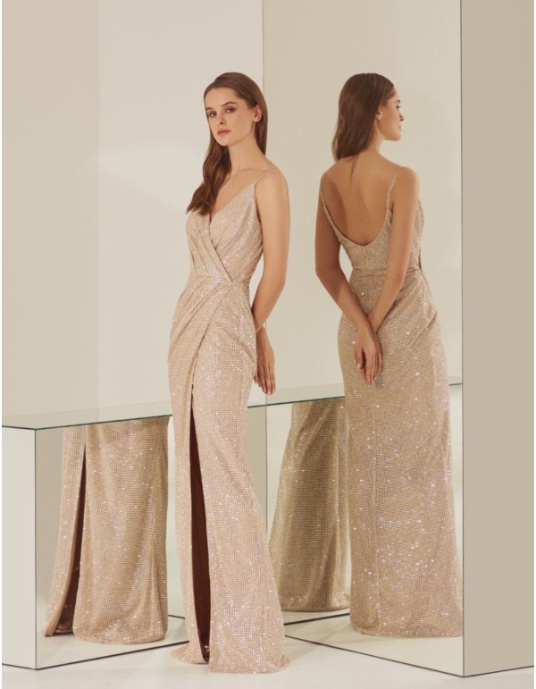 Gold party dress long cross over dress with slit 2