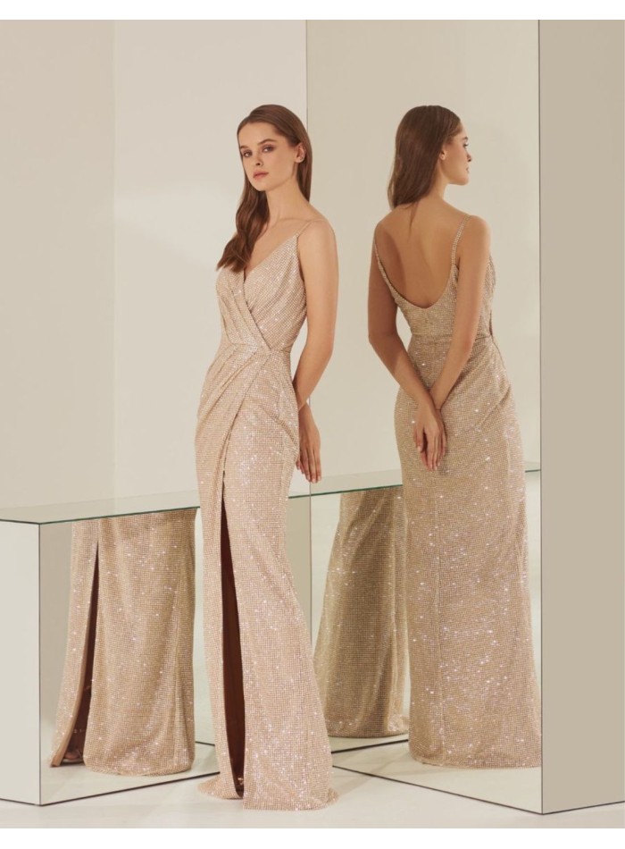 Robe longue croisée avec fente, robe de soirée...