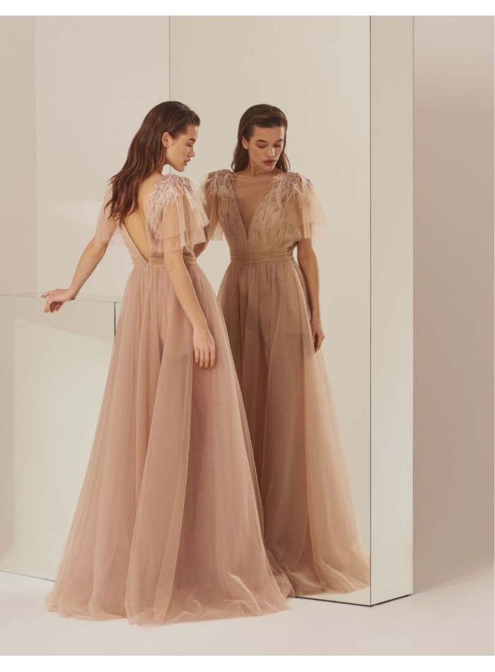 Robe longue de fête en tulle rose poudré