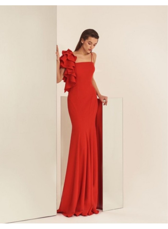 Long red party dress with ruffles on the shoulder