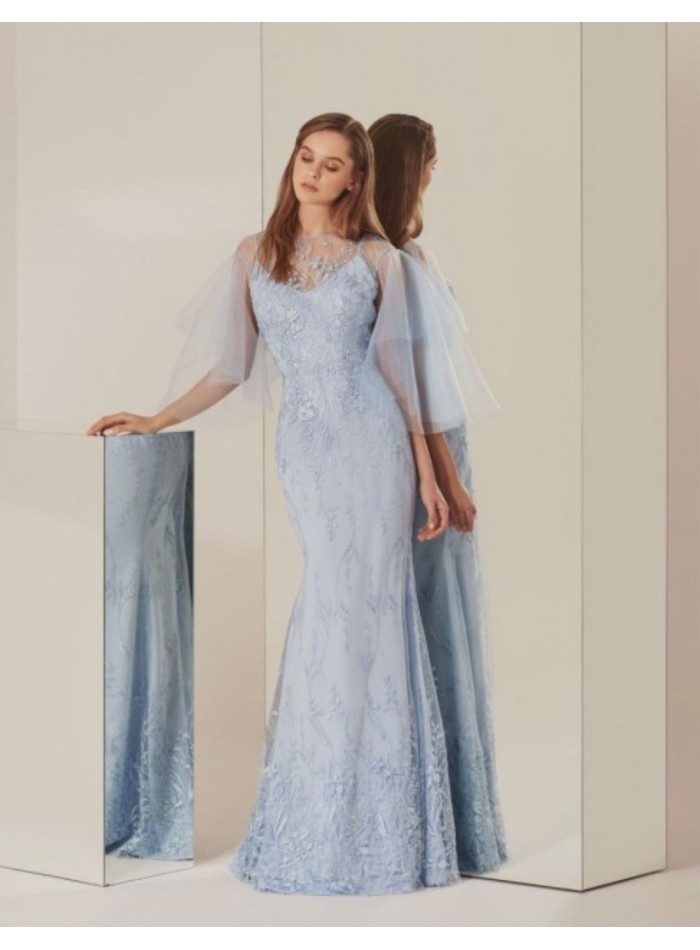 Light blue party dress with lace and short tulle sleeves
