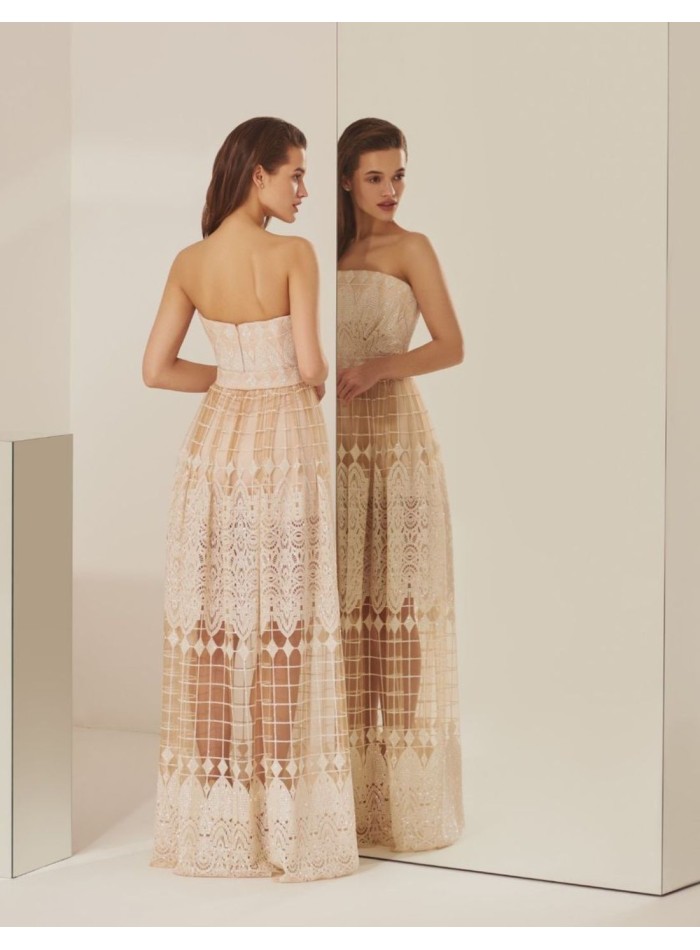 Nude long party dress with strapless neckline