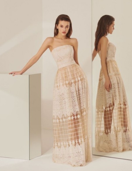 Nude long party dress with strapless neckline