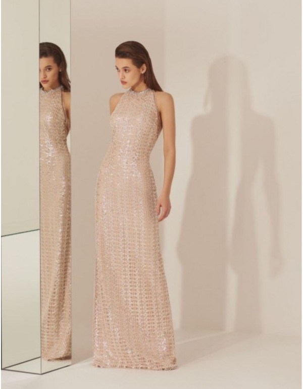 Champagne champagne sequin halter neckline party dress
