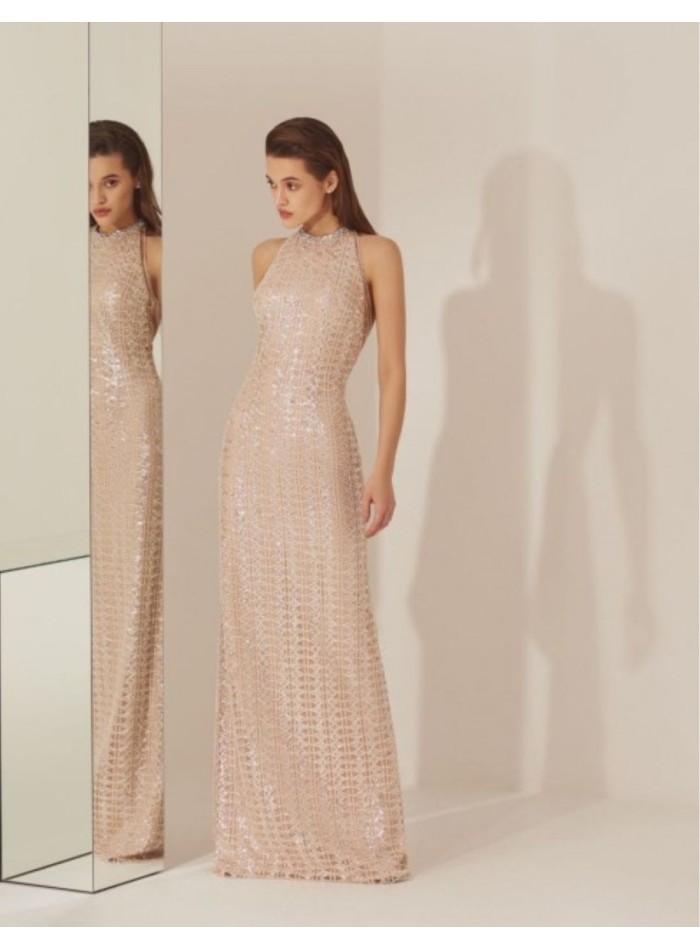 Robe de soirée décolletée à l'encolure dos nu en sequin champagne