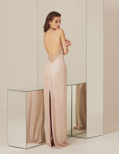 Vestido de fiesta champagne de lentejuelas escote halter