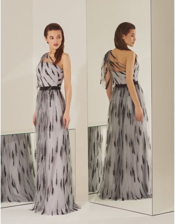 Vestido largo de fiesta asimétrico con tul estampado