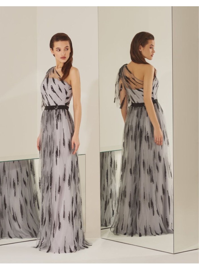 Asymmetrical long party dress with printed tulle