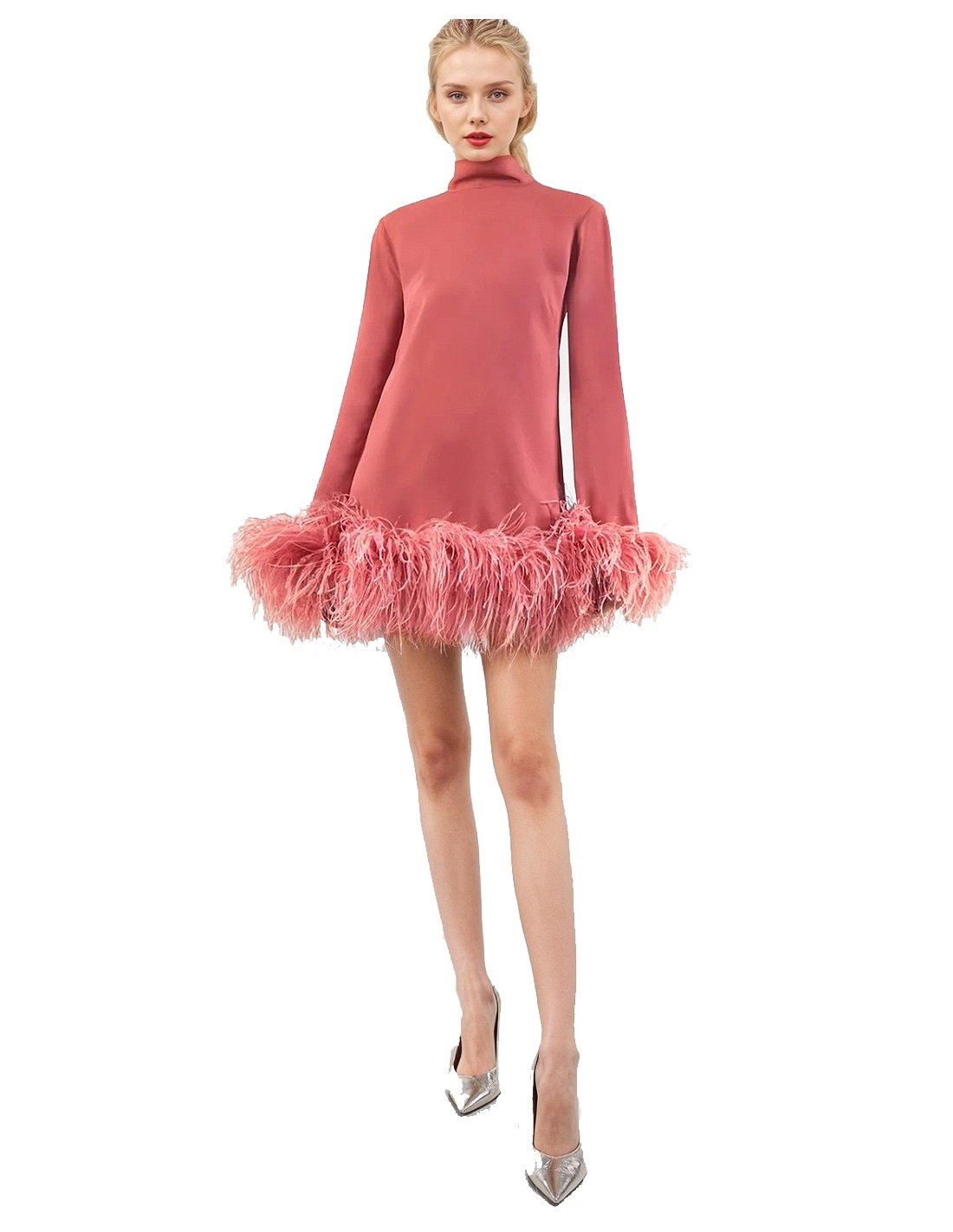 Mini party dress with feathers and long sleeves | INVITADISIMA