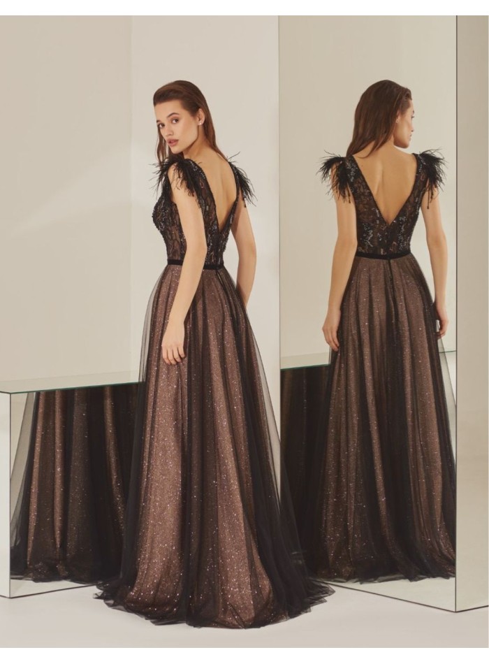 Robe longue noire en tulle avec plumes sur les...