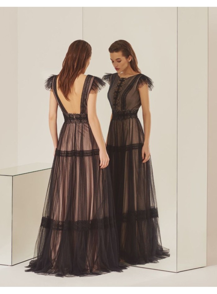 Long party dress with gathered black tulle layers