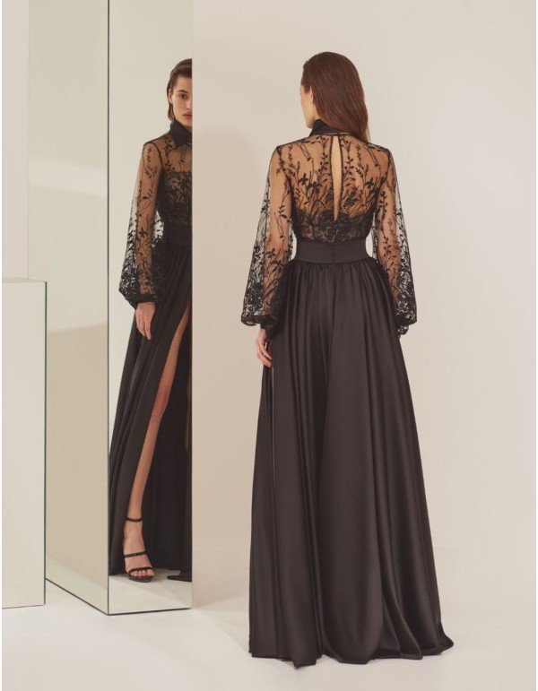 Black party bodysuit with long side slit skirt 2