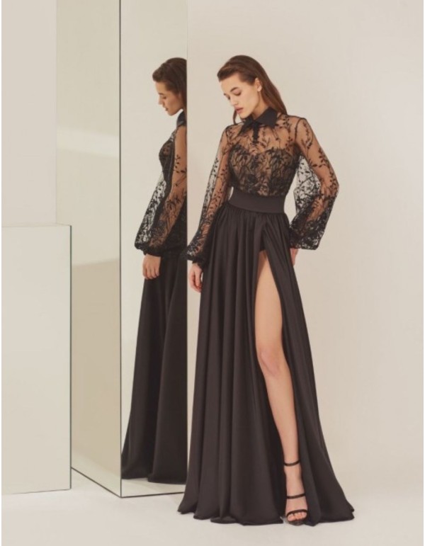Black party bodysuit with long side slit skirt
