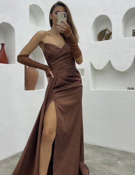 Strapless long evening dress with sleeves