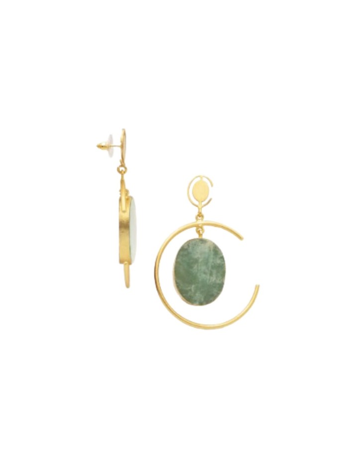 Gold plated party earrings with green coloured stone.