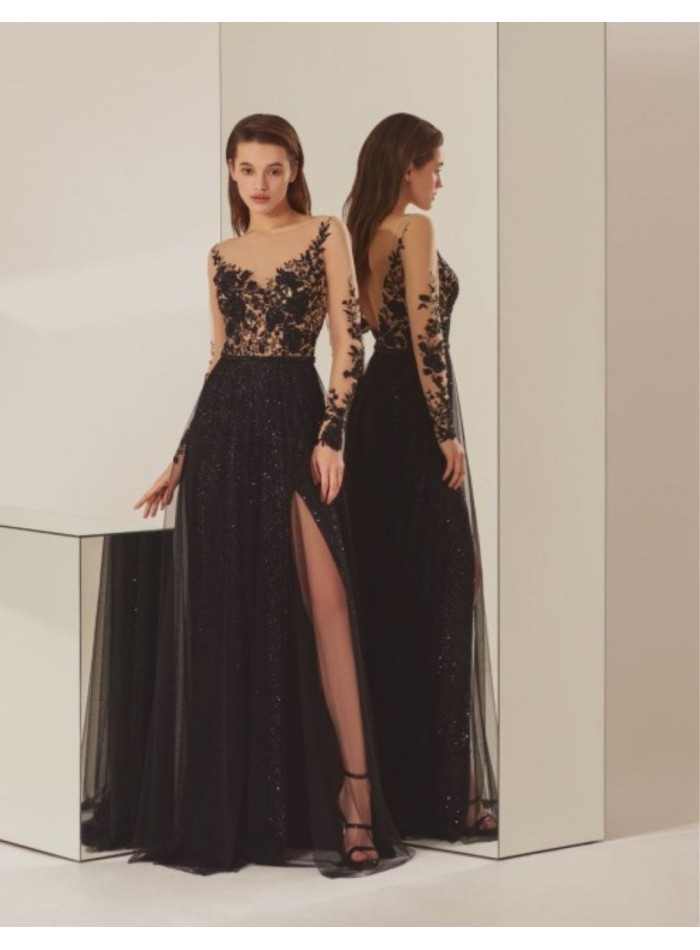 Black evening dress with lace bodice