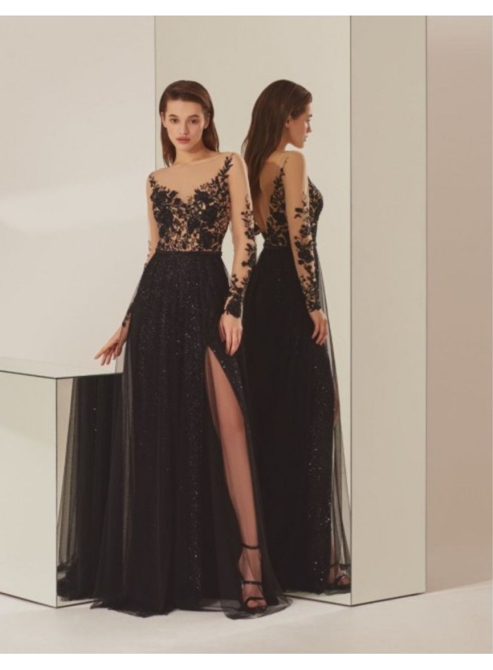 Robe de soirée noire avec corsage en dentelle